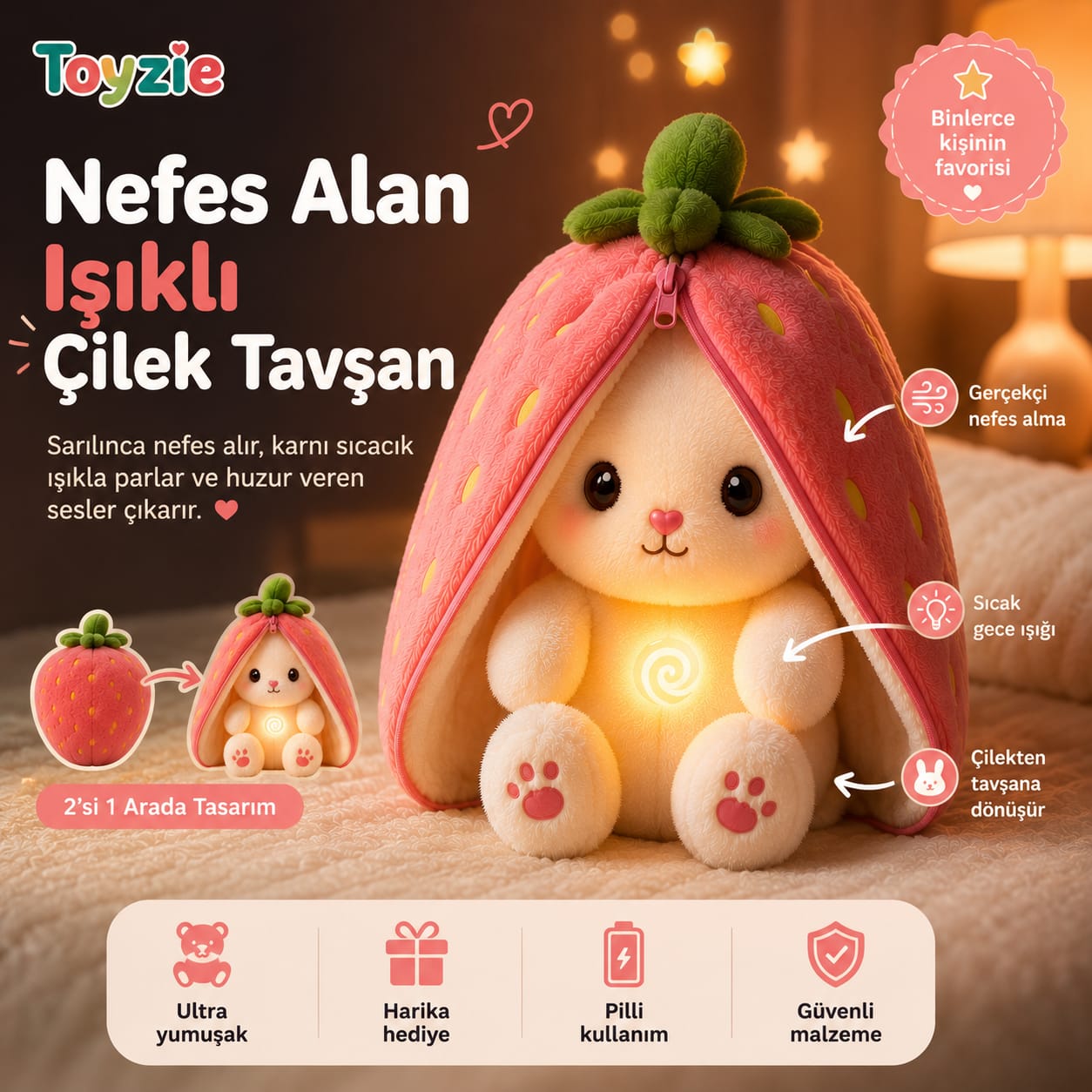 Toyzie - Nefes Alan Işıklı Peluş Uyku Arkadaşı Çilek Tavşan