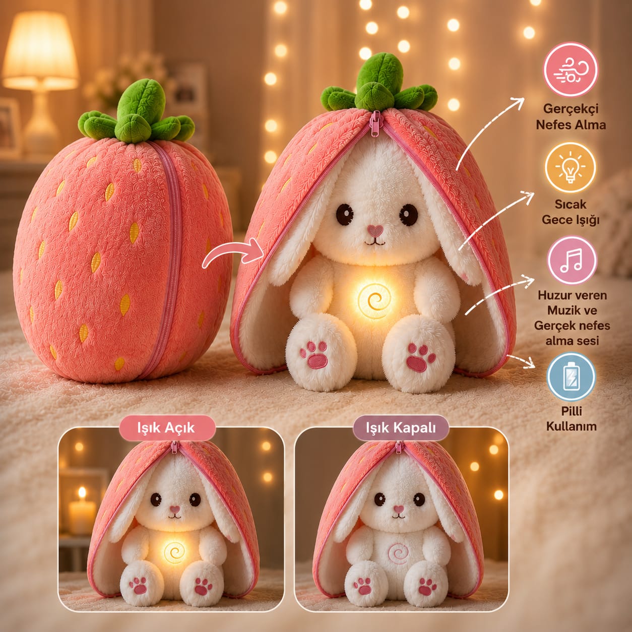 Toyzie - Nefes Alan Işıklı Peluş Uyku Arkadaşı Çilek Tavşan